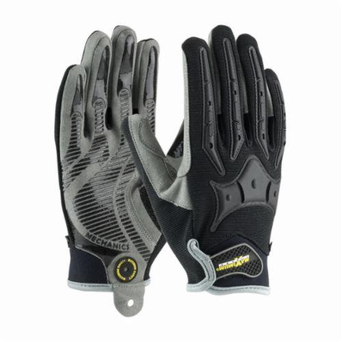 PIP® Brickyard™ 120-4900 High Performance General Purpose Gloves, Mechanics, Synthetic Leather Palm, Lycra®/Nylon/Polyurethane/Spandex®/Synthetic Leather, Black/Gray, Knit Wrist Cuff, Silicone Coating, Resists: Abrasion, Cut, Puncture and Tear