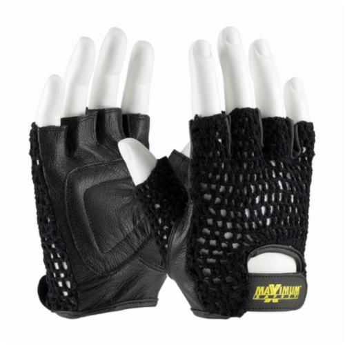 PIP® 122-AV14 Ergonomic General Purpose Gloves, Leather Palmifting, Goatskin Leather Palm, Cotton Mesh/Goatskin Leather, Black, Hook and Loop Wrist Cuff, Uncoated Coating, Resists: Abrasion, Unlined Lining, Half Finger