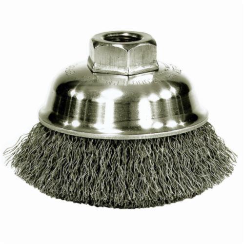 Mighty-Mite™ 13175 Cup Brush, 3-1/2 in Dia Brush, M10x1.25 Arbor Hole, 0.014 in Dia Filament/Wire, Crimped, Steel Fill