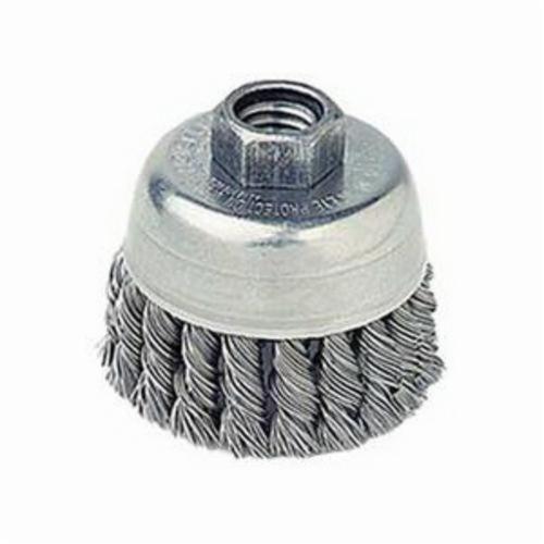 Mighty-Mite™ 13254 Single Row Cup Brush, 2-3/4 in Dia Brush, M10x1.5 Arbor Hole, 0.02 in Dia Filament/Wire, Standard/Twist Knot, Steel Fill