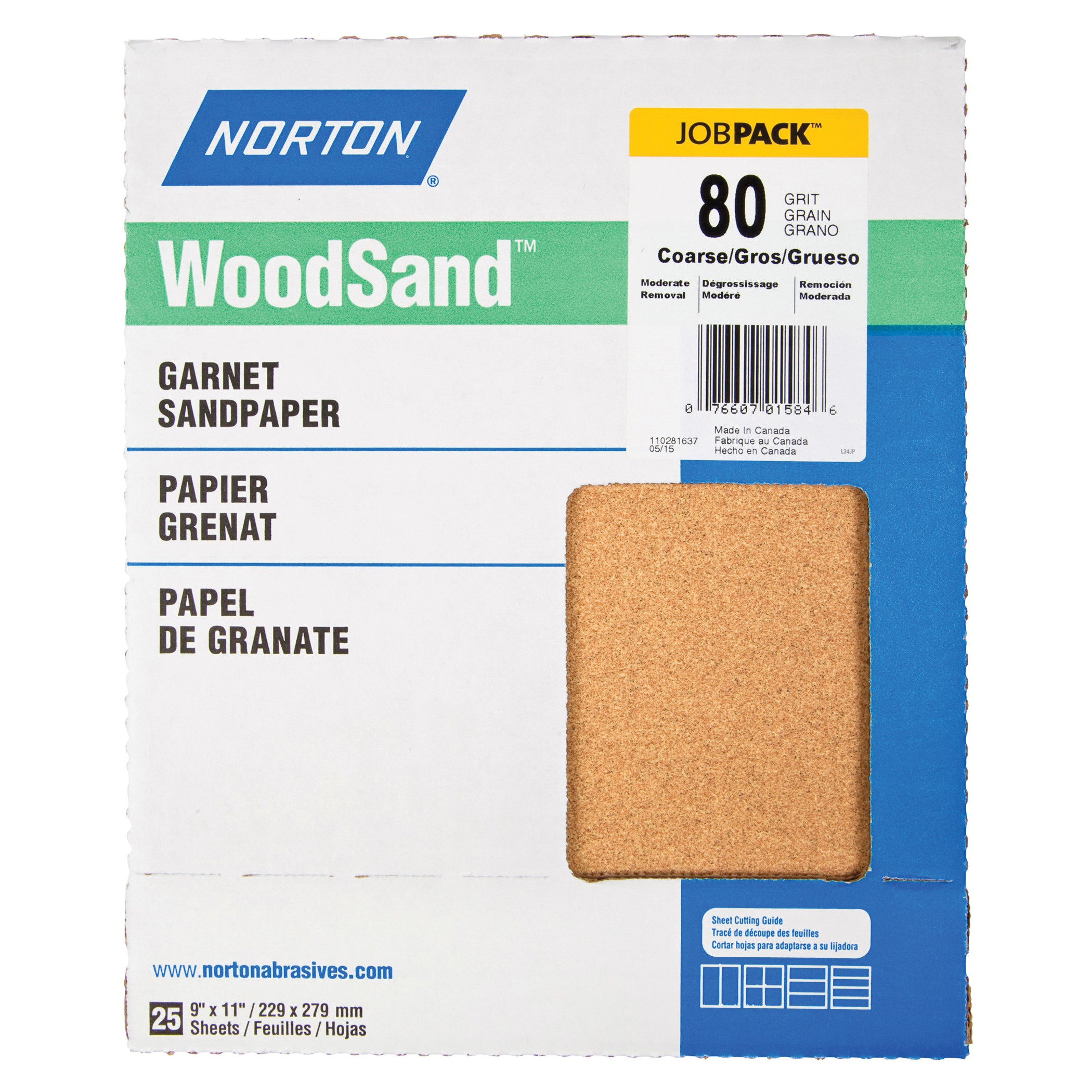 Norton® WoodSand™ Job Pack™ 07660701584 A513 Coated Sandpaper Sheet, 11 in L x 9 in W, 80 Grit, Coarse Grade, Garnet Abrasive, Paper Backing