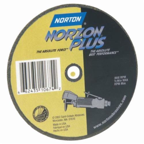 Norton®NorZon® Plus® 66243510677 5SGZ Small Diameter Cut-Off Wheel, 4 in Dia x 1/16 in THK, 3/8 in Center Hole, 36 Grit, Ceramic/Zirconia Alumina Abrasive