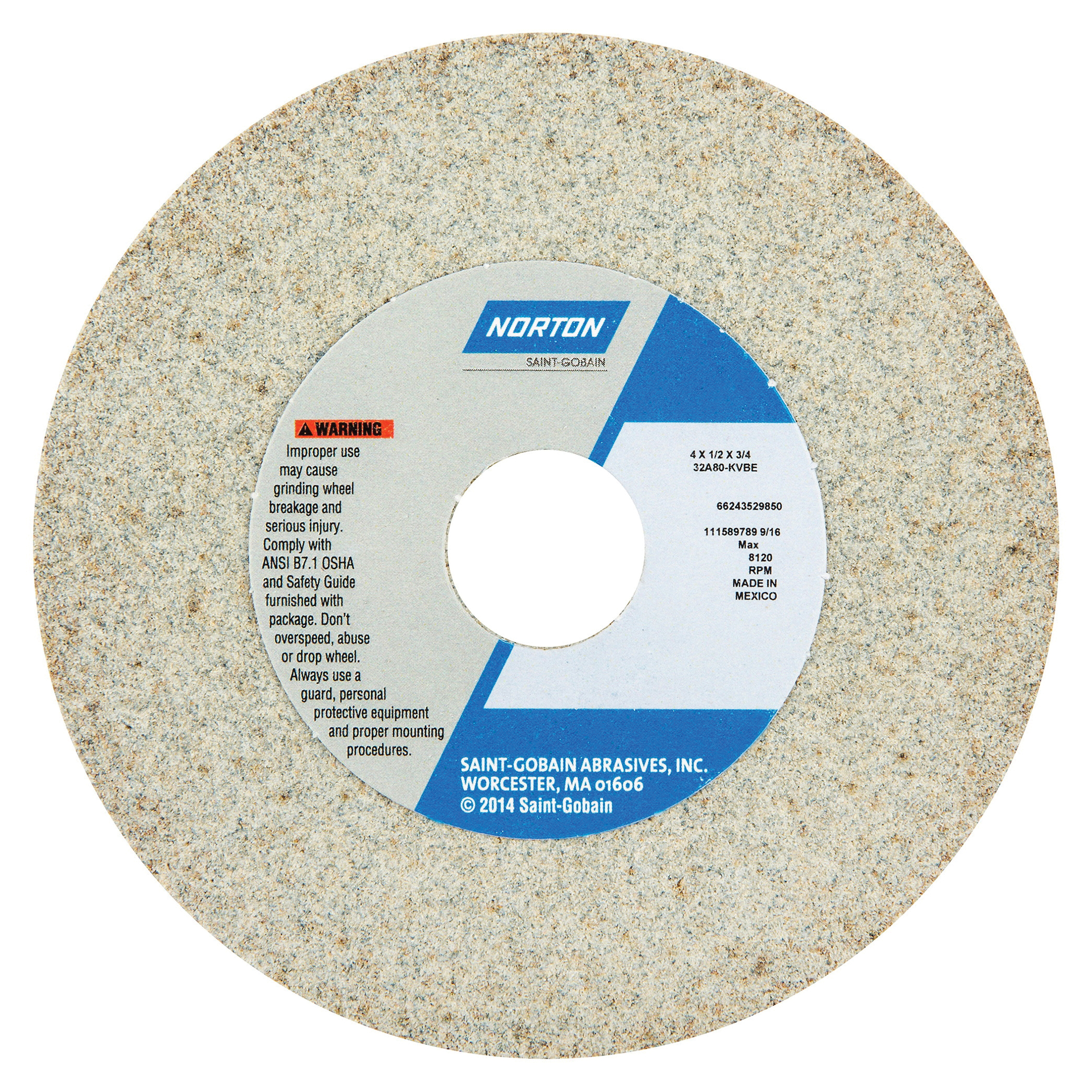 Norton® 66243529849 32A Straight Toolroom Wheel, 4 in Dia x 1/2 in THK, 3/4 in Center Hole, 60 Grit, Aluminum Oxide Abrasive