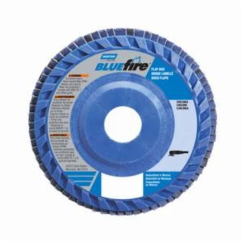 Norton® BlueFire® 66623399143 R884P Center Mount Quick-Trim Standard Density Coated Abrasive Flap Disc, 4-1/2 in Dia, 7/8 in Center Hole, P80 Grit, Coarse Grade, Zirconia Alumina Plus Abrasive, Type 27 Flat Disc