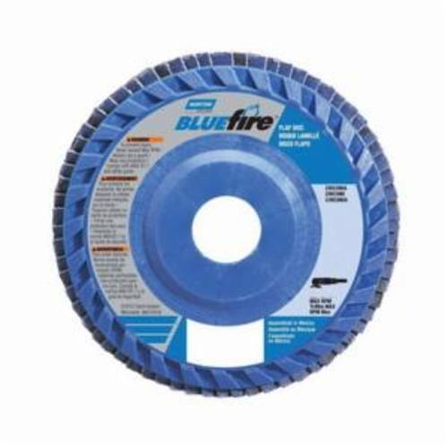Norton® BlueFire® 77696090083 R884P Center Mount High Density Quick-Trim Coated Abrasive Flap Disc, 4-1/2 in Dia, 7/8 in Center Hole, P60 Grit, Coarse Grade, Zirconia Alumina Plus Abrasive, Type 27 Flat Disc