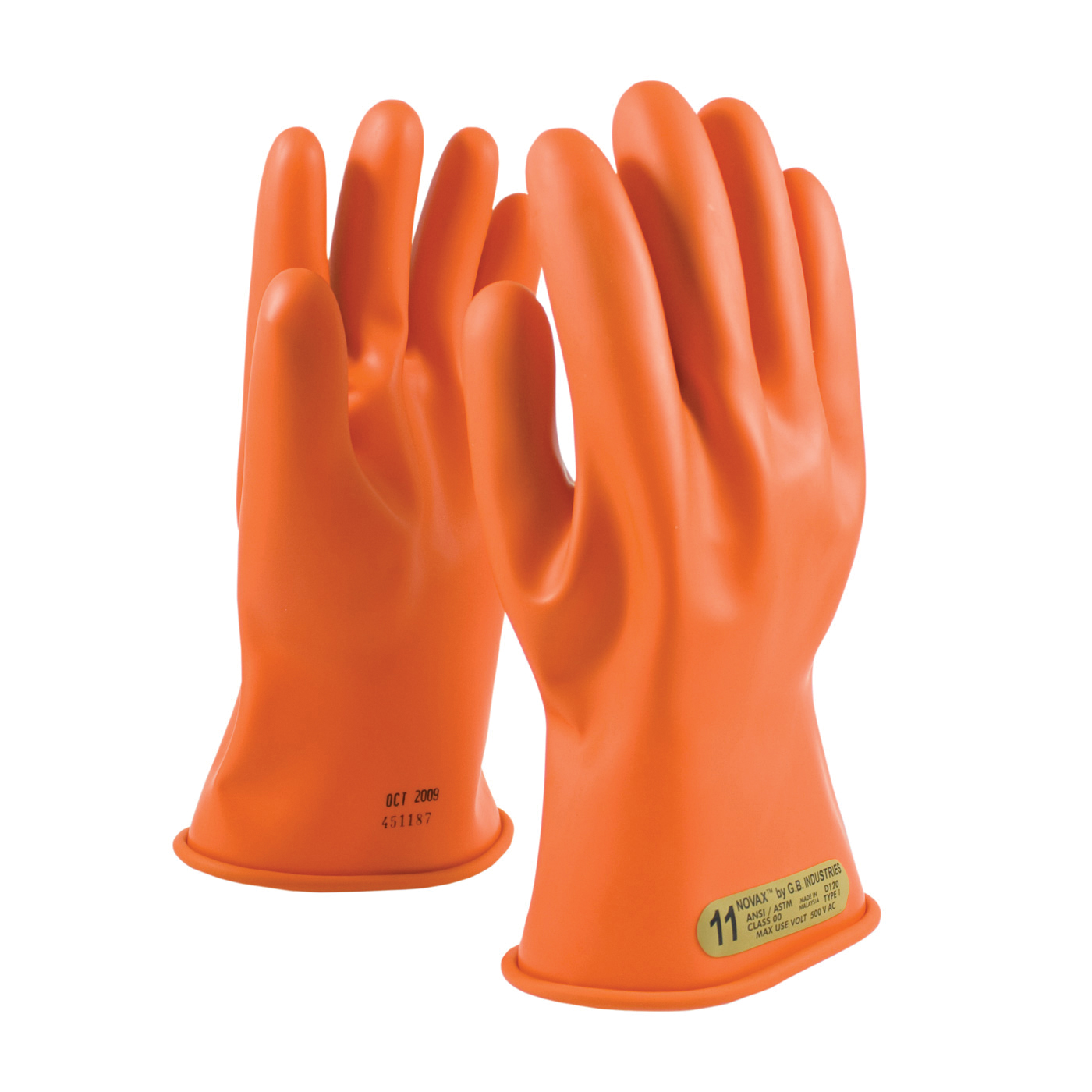 Novax® 147-00-11/9 Insulating Unisex Electrical Safety Gloves, SZ 9, Natural Rubber, Orange, 11 in L, ASTM Class: Class 00, 500 VAC/750 VDC Max Use Voltage