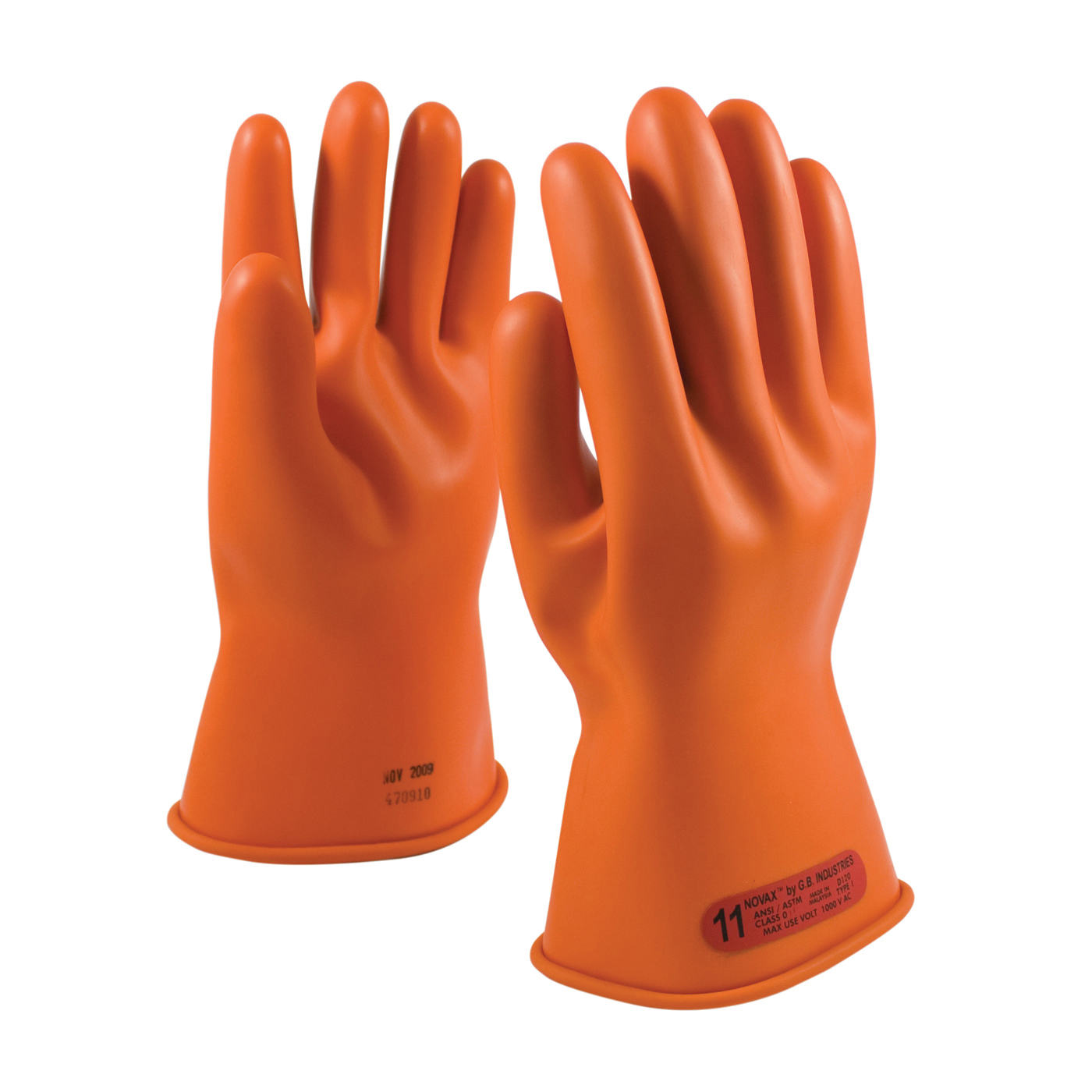 Novax® 147-0-11/8 Insulating Unisex Electrical Safety Gloves, SZ 8, Natural Rubber, Orange, 11 in L, ASTM Class: Class 0, 1000 VAC/1500 VDC Max Use Voltage