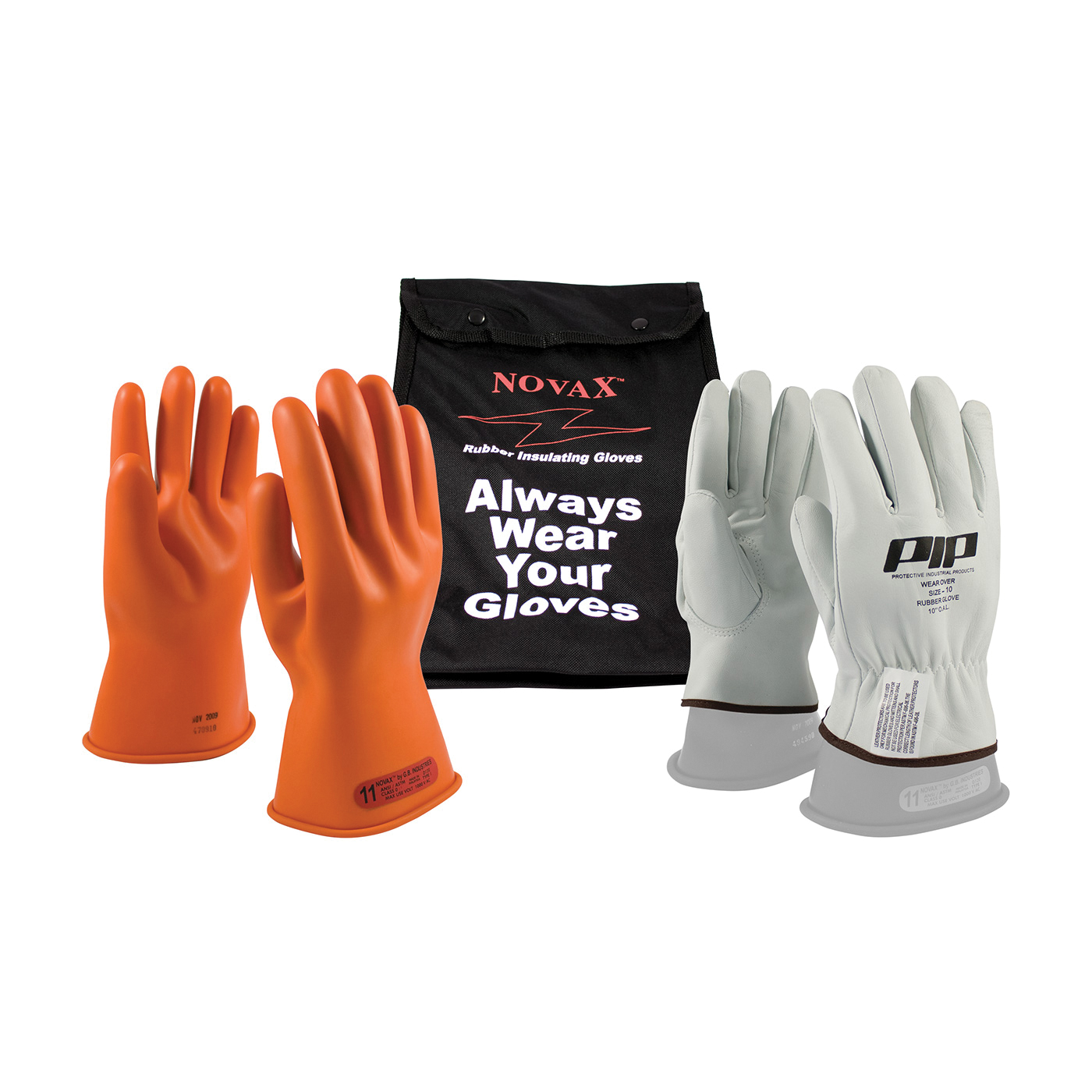 Novax® 147-SK-0/9-KIT Insulating Unisex Electrical Safety Gloves Kit, SZ 9, Goatskin Leather/Natural Rubber, Natural/Orange, 11 in L, ASTM Class: Class 0, 1000 VAC, 1500 VDC Max Use Voltage