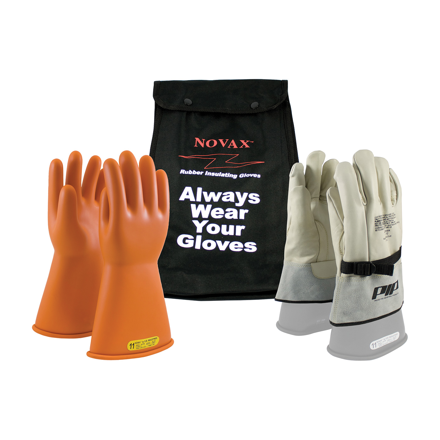Novax® 147-SK-2/9-KIT Insulating Unisex Electrical Safety Gloves Kit, SZ 9, Cowhide Leather/Natural Rubber, Natural/Orange, 14 in L, ASTM Class: Class 2, 17000 VAC, 25500 VDC Max Use Voltage