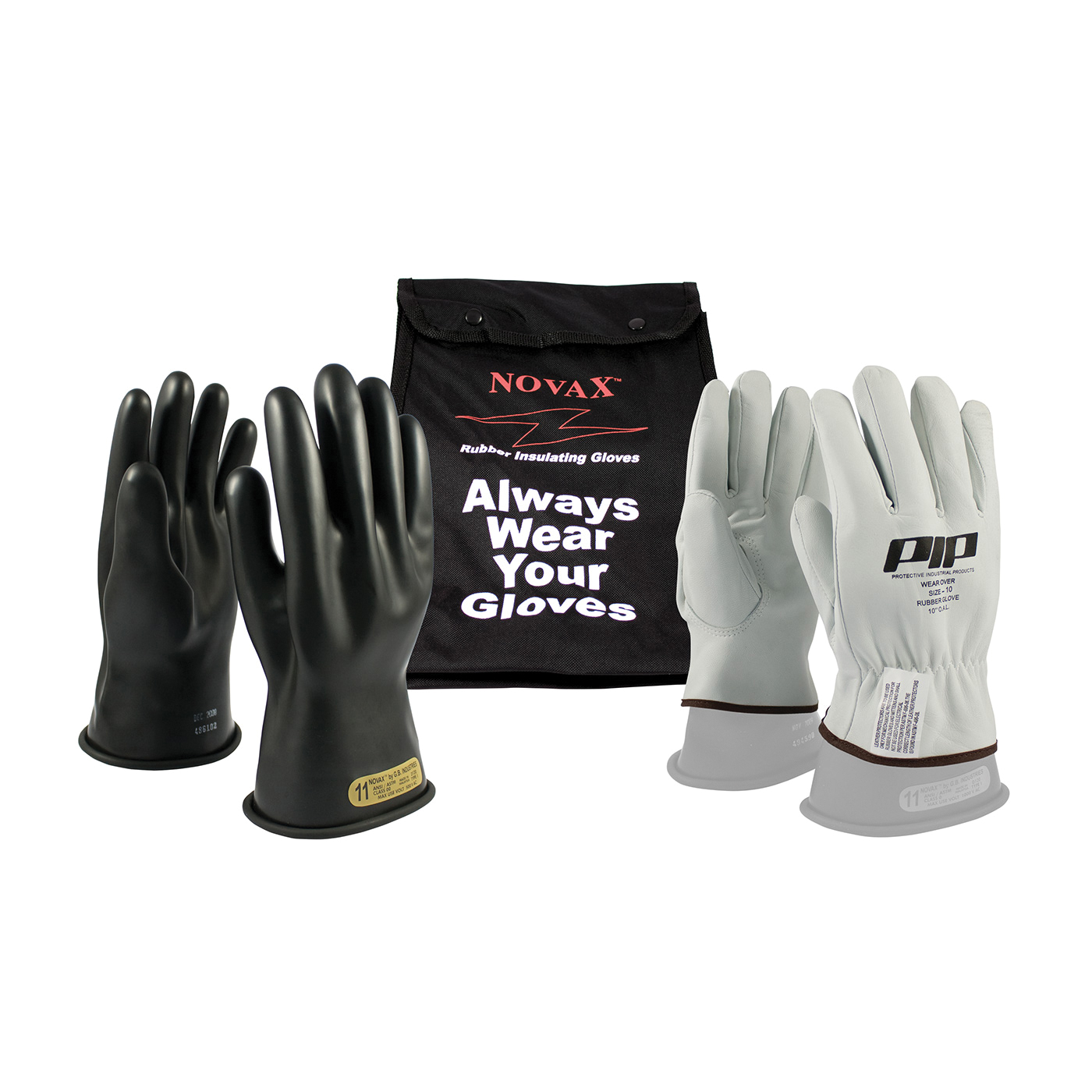 Novax® 150-SK-00/7-KIT Insulating Unisex Electrical Safety Gloves Kit, SZ 7, Goatskin Leather/Natural Rubber, Black/Natural, 11 in L, ASTM Class: Class 00, 500 VAC, 750 VDC Max Use Voltage