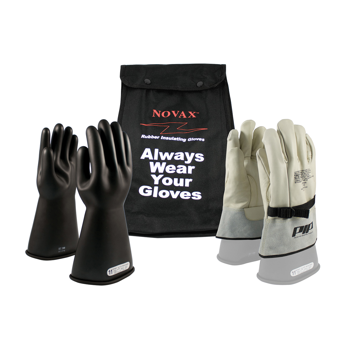 Novax® 150-SK-1/12-KIT Insulating Unisex Electrical Safety Gloves Kit, SZ 12, Cowhide Leather/Natural Rubber, Black/Natural, 14 in L, ASTM Class: Class 1, 7500 VAC, 11250 VDC Max Use Voltage