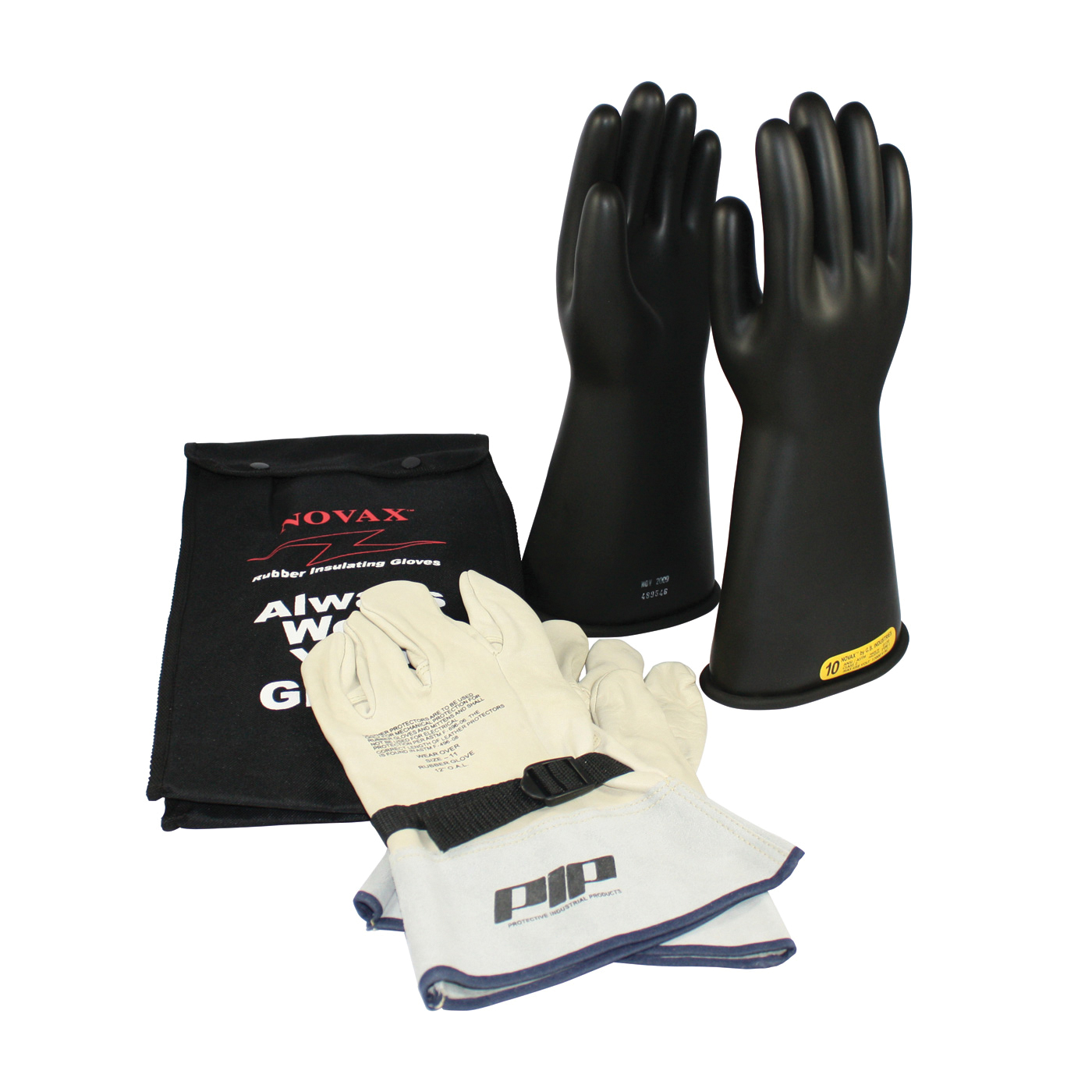 Novax® 150-SK-2/9-KIT Insulating Unisex Electrical Safety Gloves Kit, SZ 9, Cowhide Leather/Natural Rubber, Black/Natural, 14 in L, ASTM Class: Class 2, 17000 VAC, 25500 VDC Max Use Voltage