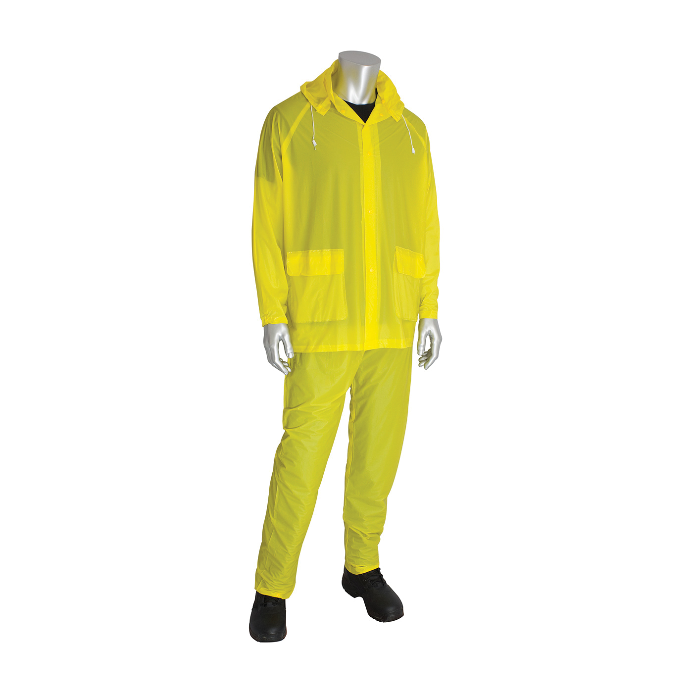 PIP® FALCON™ 201-100L 3-Piece Waterproof Rainsuit, L, Yellow, PVC, 48 in Waist, 30 in L Inseam, Detachable Hood