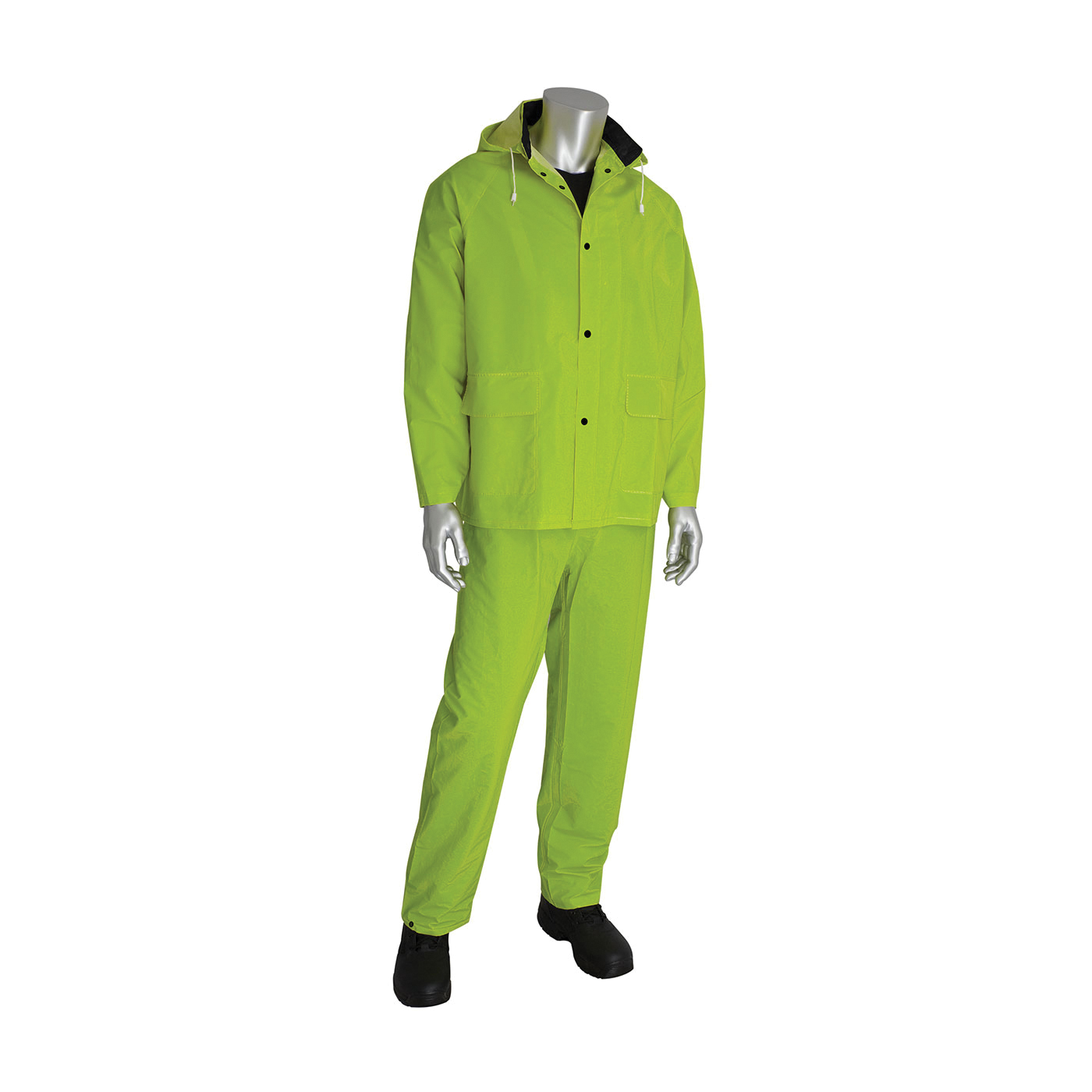 PIP® FALCON™ 201-355S 3-Piece Premium Rainsuit, S, Hi-Viz Lime Yellow, Polyester/PVC, 46 in Waist, 29 in L Inseam, Detachable Hood