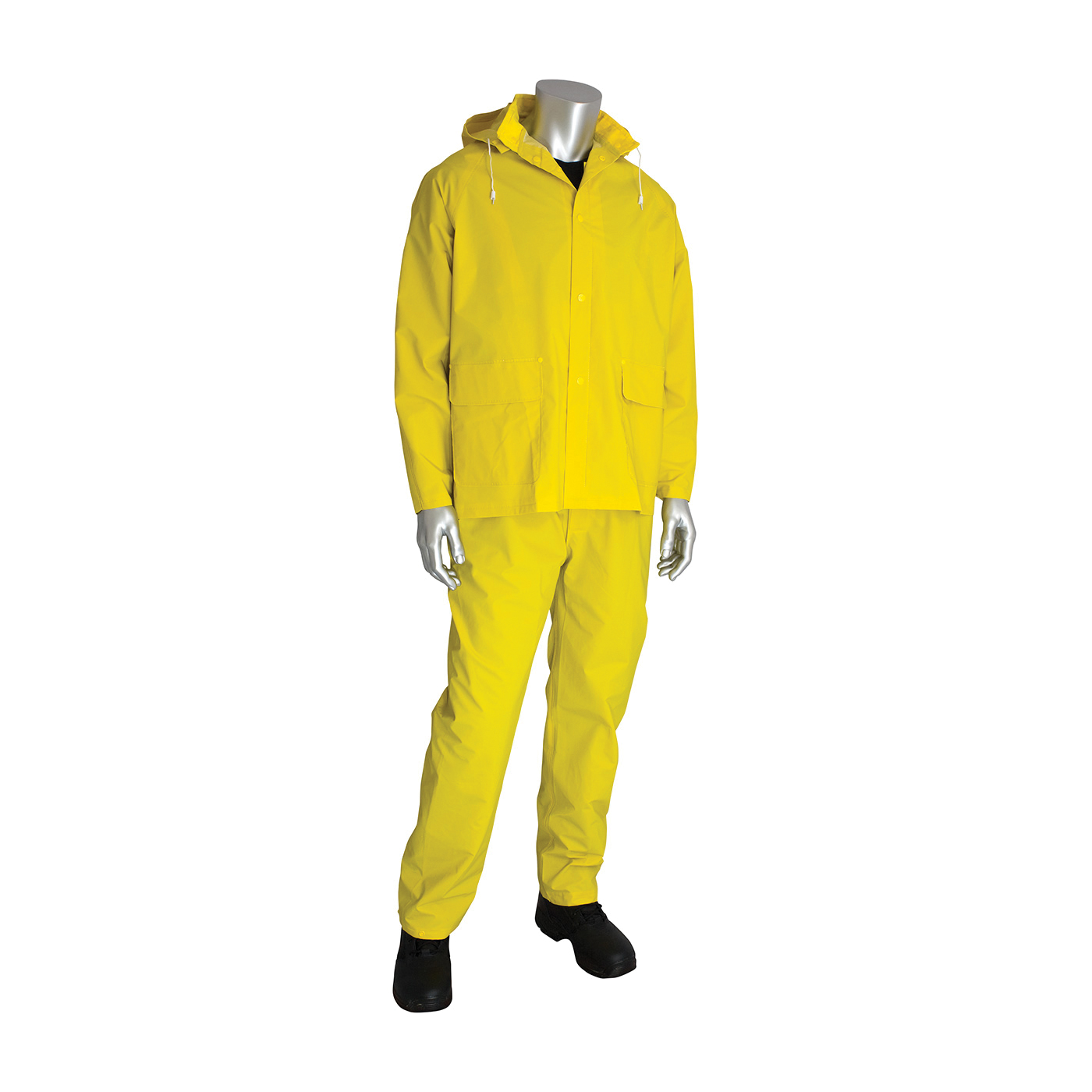 PIP® FALCON™ 201-370L 3-Piece Premium Rainsuit, L, Hi-Viz Lime Yellow, Polyester/Corduroy/PVC, 48 in Waist, 30 in L Inseam, Detachable Hood
