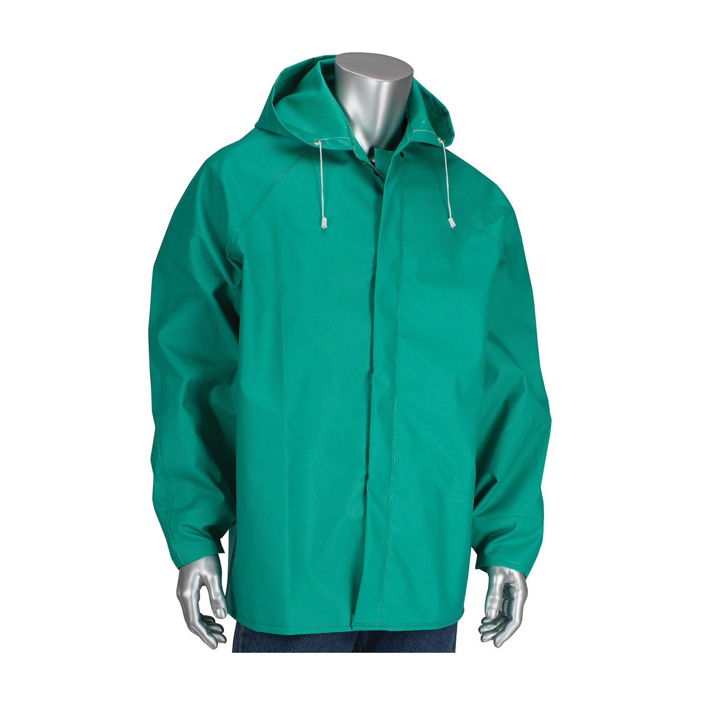 PIP® FALCON™ ChemFR™ 205-420JH/L Rain Jacket With Hood, L, Green, Nylon/PVC, Resists: Flame and Water, ASTM D6413