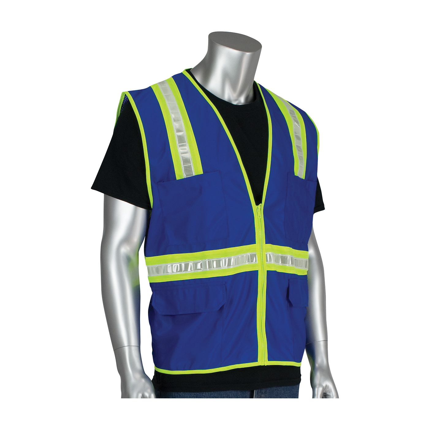 PIP® 300-1000-BL Non-ANSI Surveyor Safety Vest, 2XL, Blue, Polyester, Zipper Closure, 4 Pockets