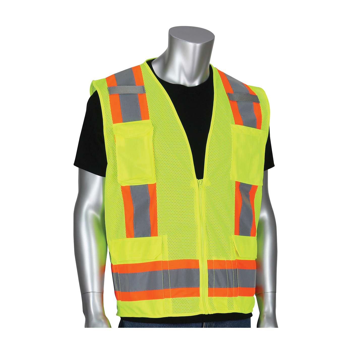 PIP® 302-0500M-LY/L 2-Tone Surveyor Safety Vest, L, Hi-Viz Lime Yellow, Polyester, Zipper Closure, 11 Pockets, ANSI Class: Class 2, Specifications Met: ANSI 107 Type R