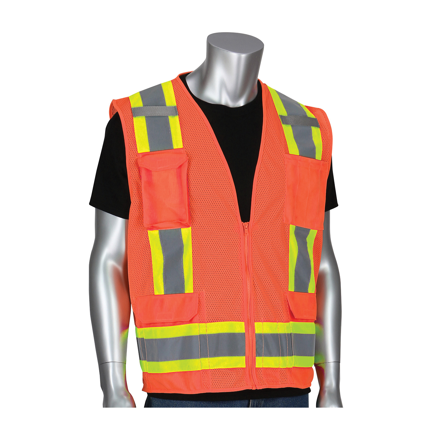 PIP® 302-0500M-OR/2X 2-Tone Surveyor Safety Vest, 2XL, Hi-Viz Orange, Polyester, Zipper Closure, 11 Pockets, ANSI Class: Class 2, Specifications Met: ANSI 107 Type R
