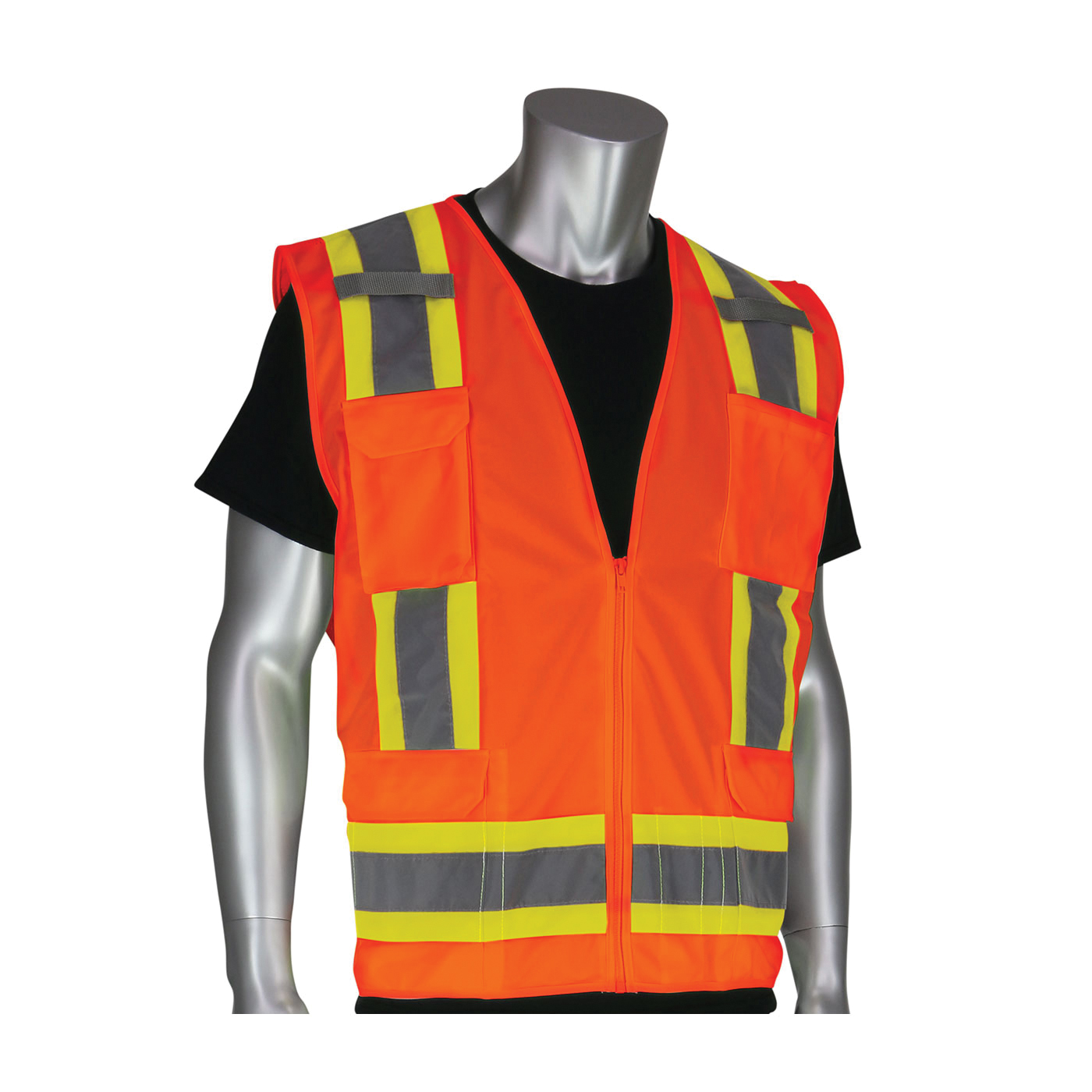 PIP® 302-0500S-ORG/L 2-Tone Surveyor Safety Vest, L, Hi-Viz Orange, Polyester/Solid Tricot, Zipper Closure, 11 Pockets, ANSI Class: Class 2, Specifications Met: ANSI 107 Type R