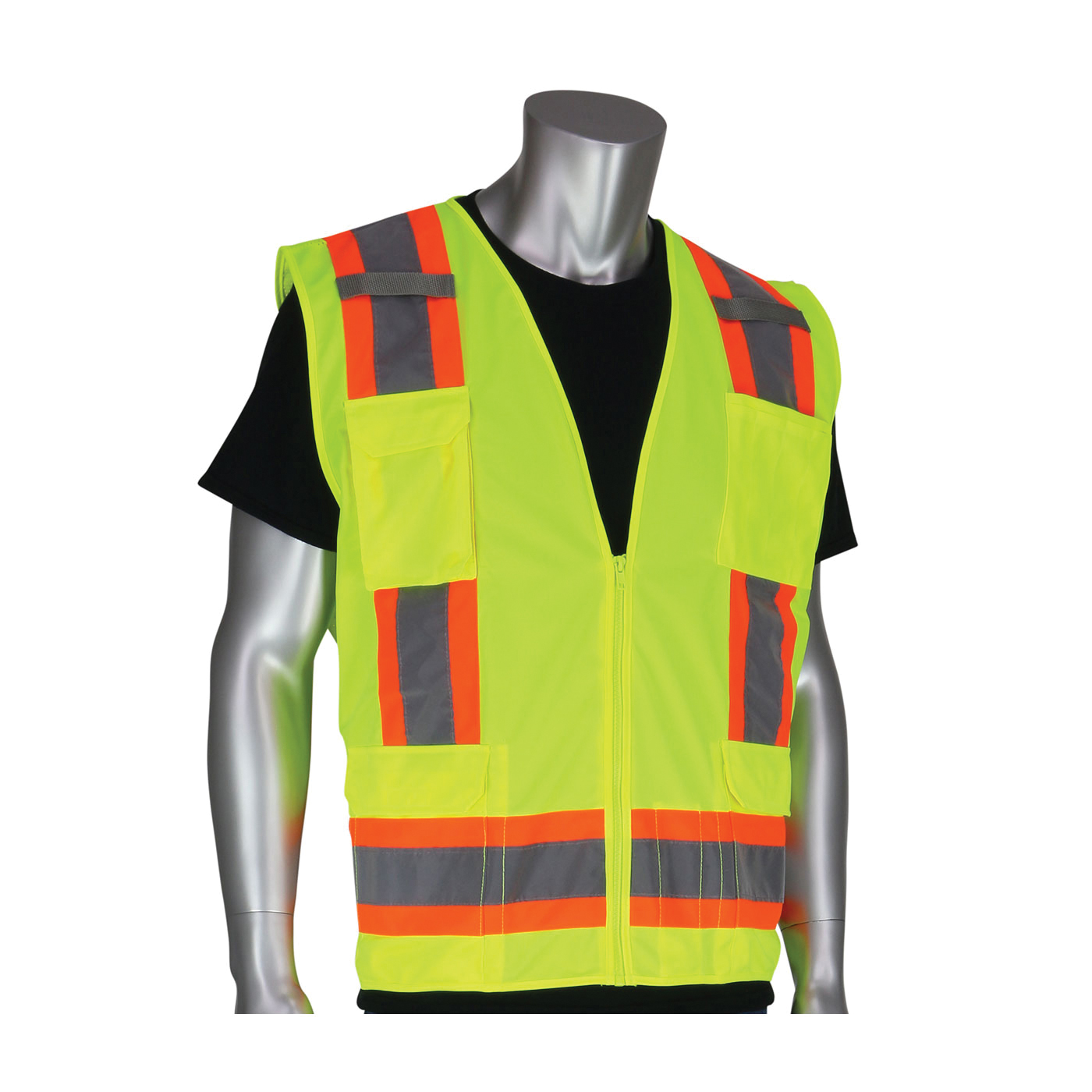 PIP® 302-0500S-YEL/L 2-Tone Surveyor Safety Vest, L, Hi-Viz Lime Yellow, Polyester/Solid Tricot, Zipper Closure, 11 Pockets, ANSI Class: Class 2, Specifications Met: ANSI 107 Type R