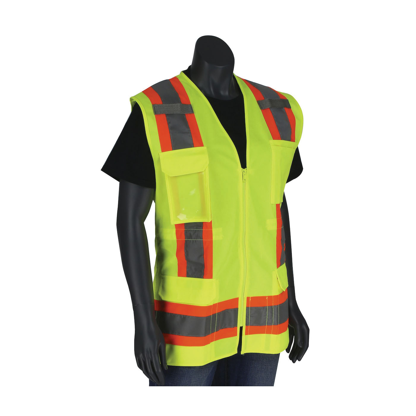 PIP® 302-0512-LY/S 2-Tone Contoured Surveyor's Vest With Solid Front and Mesh Back, S, Hi-Vis Yellow, 100% Polyester Mesh/Solid Tricot Knit, Zipper Closure, 11 Pockets, ANSI Class: Type/Class R2