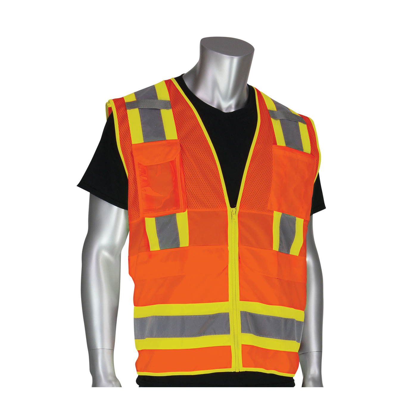 PIP® 302-0700-OR/XL 2-Tone Surveyor Tech Vest, XL, Hi-Viz Orange, Polyester Mesh Up/Polyester Tricot Down, Zipper Closure, 10 Pockets, ANSI Class: Class 2, ANSI 107 Type R