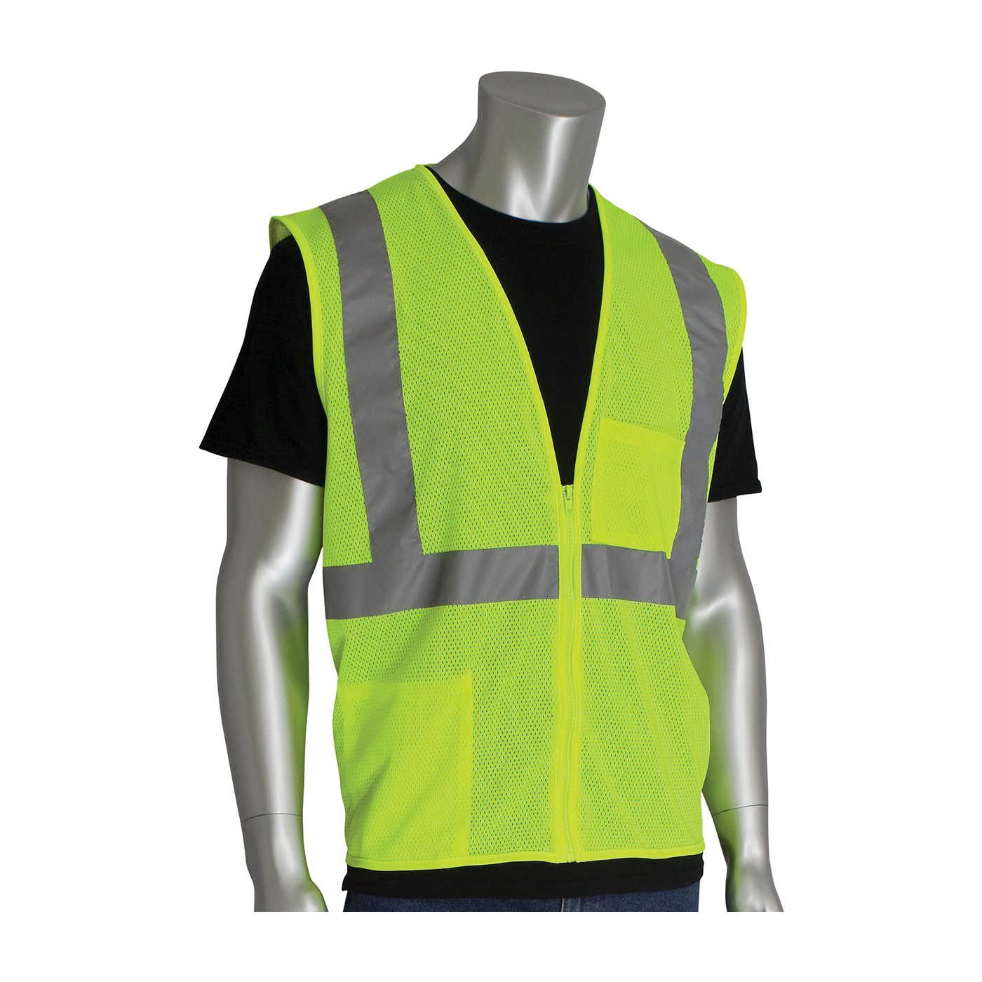 PIP® 302-0702Z Safety Vest, Hi-Viz Lime Yellow, Polyester Mesh, Zipper Closure, 2 Pockets, ANSI Class: Class 2, Specifications Met: ANSI 107 Type R