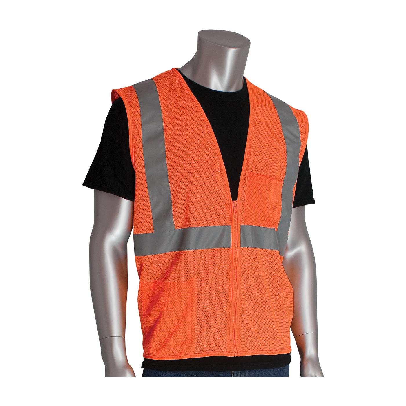 PIP® 302-0702Z-OR Safety Vest, Hi-Viz Orange, Polyester Mesh, Zipper Closure, 2 Pockets, ANSI Class: Class 2, Specifications Met: ANSI 107 Type R
