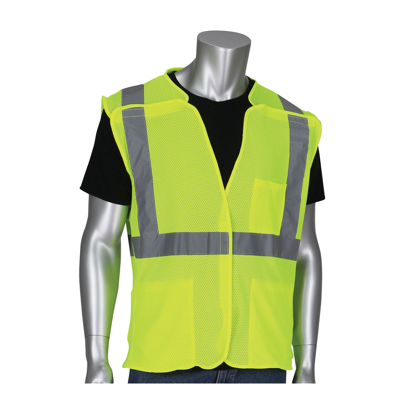 PIP® 302-5PMVLY-L Safety Vest, L, Hi-Viz Lime Yellow, Polyester, Hook and Loop Closure, 3 Pockets, ANSI Class: Class 2, Specifications Met: ANSI 107 Type R
