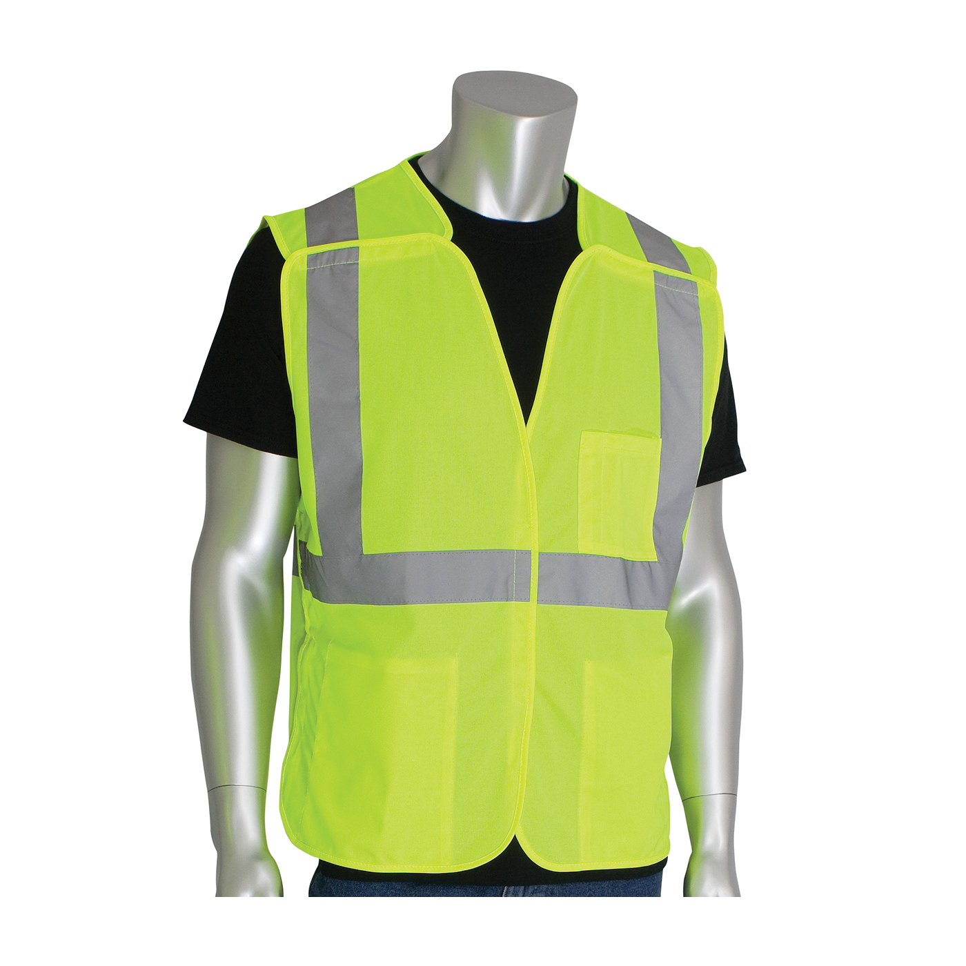 PIP® 302-5PVLY-L Safety Vest, L, Hi-Viz Lime Yellow, Polyester, Hook and Loop Closure, 3 Pockets, ANSI Class: Class 2, Specifications Met: ANSI 107 Type R