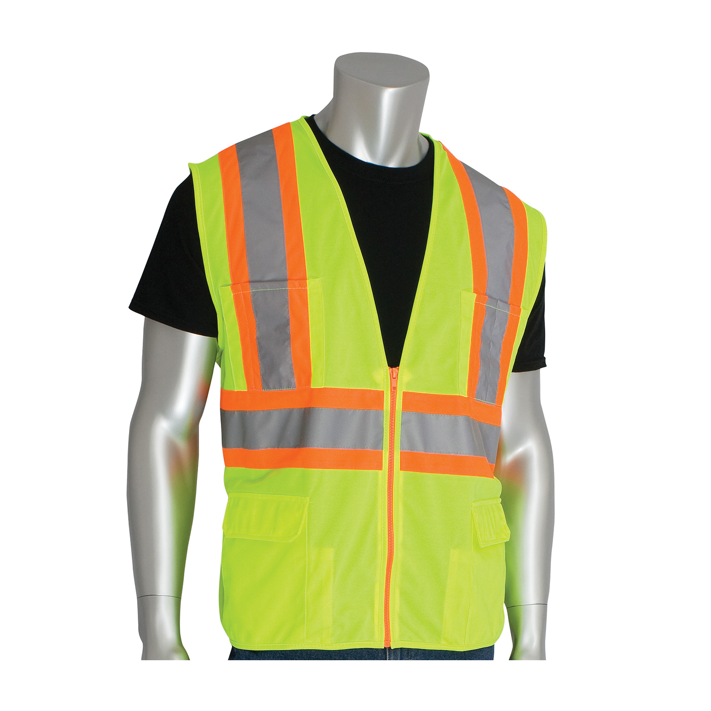 PIP® 302-MAPLY-S 2-Tone Premium Surveyor Safety Vest, S, Hi-Viz Lime Yellow, Polyester, Zipper Closure, 11 Pockets, ANSI Class: Class 2, Specifications Met: ANSI 107 Type R