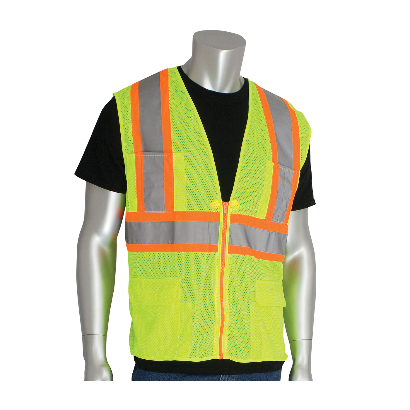PIP® 302-MAPMLY-3X 2-Tone Premium Surveyor Safety Vest, 3XL, Hi-Viz Lime Yellow, Polyester, Zipper Closure, 11 Pockets, ANSI Class: Class 2, Specifications Met: ANSI 107 Type R