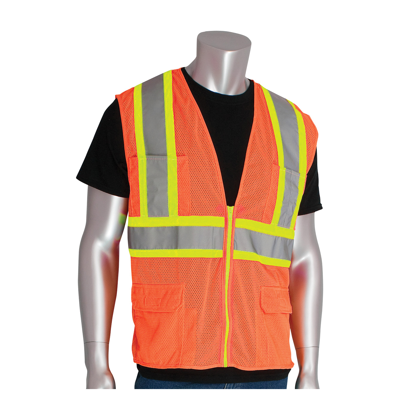 PIP® 302-MAPMOR-S 2-Tone Premium Surveyor Safety Vest, S, Hi-Viz Orange, Polyester, Zipper Closure, 11 Pockets, ANSI Class: Class 2, Specifications Met: ANSI 107 Type R
