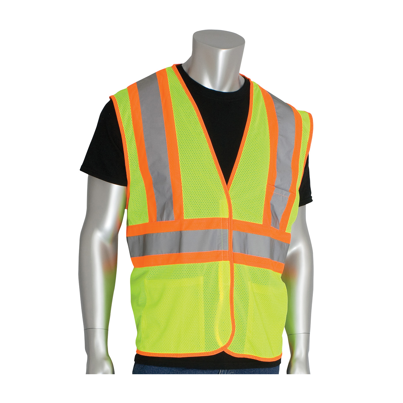 PIP® 302-MVATLY-M 2-Tone Safety Vest, M, Hi-Viz Lime Yellow, Polyester, Hook and Loop Closure, 3 Pockets, ANSI Class: Class 2, Specifications Met: ANSI Specified