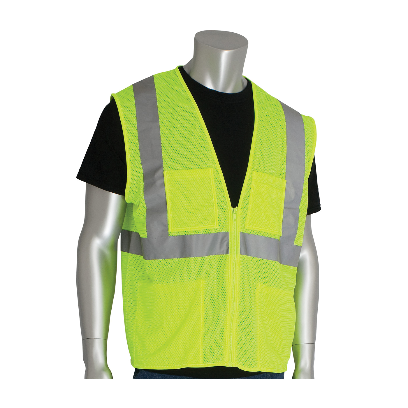 PIP® 302-MVGZ4PLY-4X Safety Vest, 4XL, Hi-Viz Lime Yellow, Polyester Mesh, Zipper Closure, 4 Pockets, ANSI Class: Class 2, Specifications Met: ANSI 107 Type R