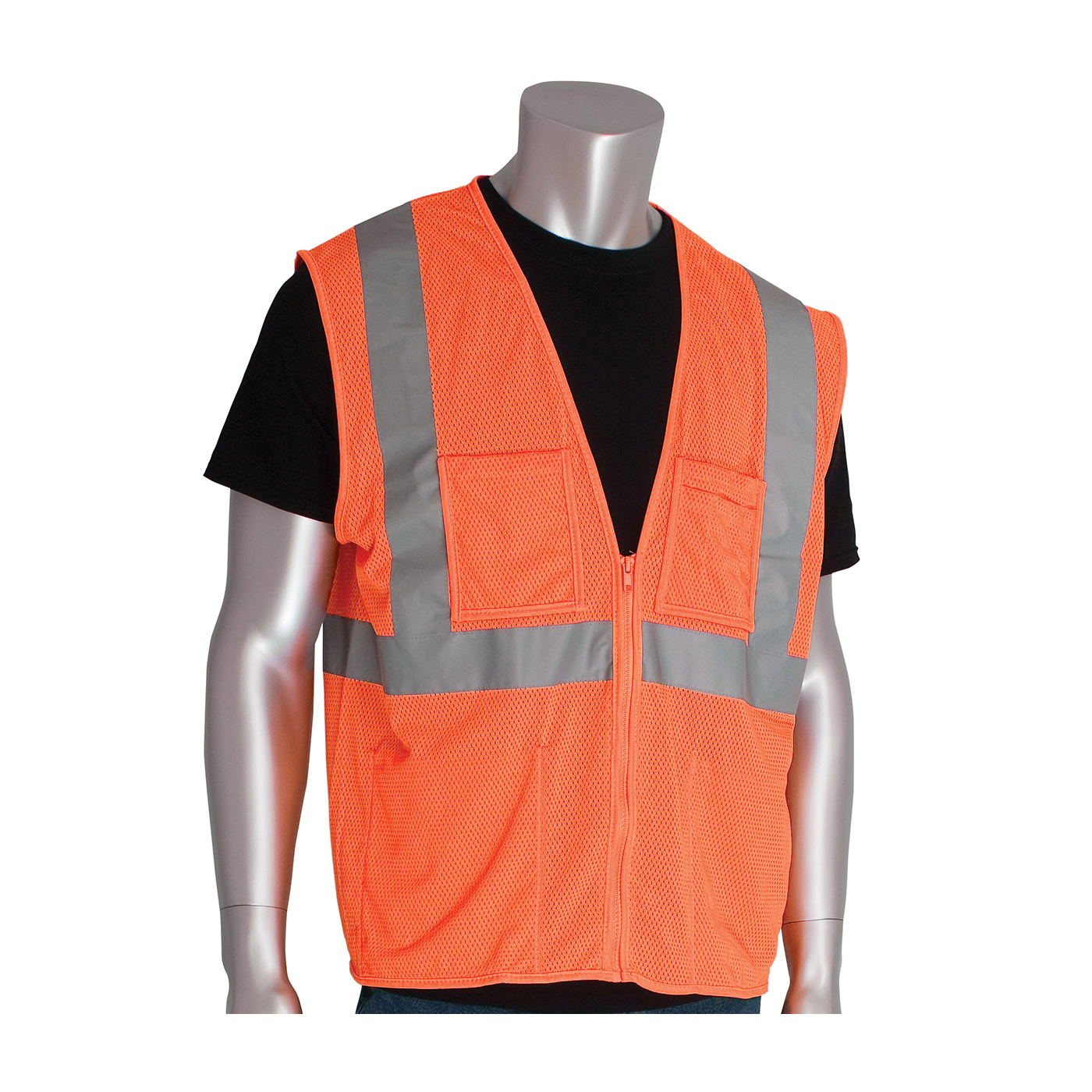 PIP® 302-MVGZ4POR-M Safety Vest, M, Hi-Viz Orange, Polyester Mesh, Zipper Closure, 4 Pockets, ANSI Class: Class 2, Specifications Met: ANSI 107 Type R