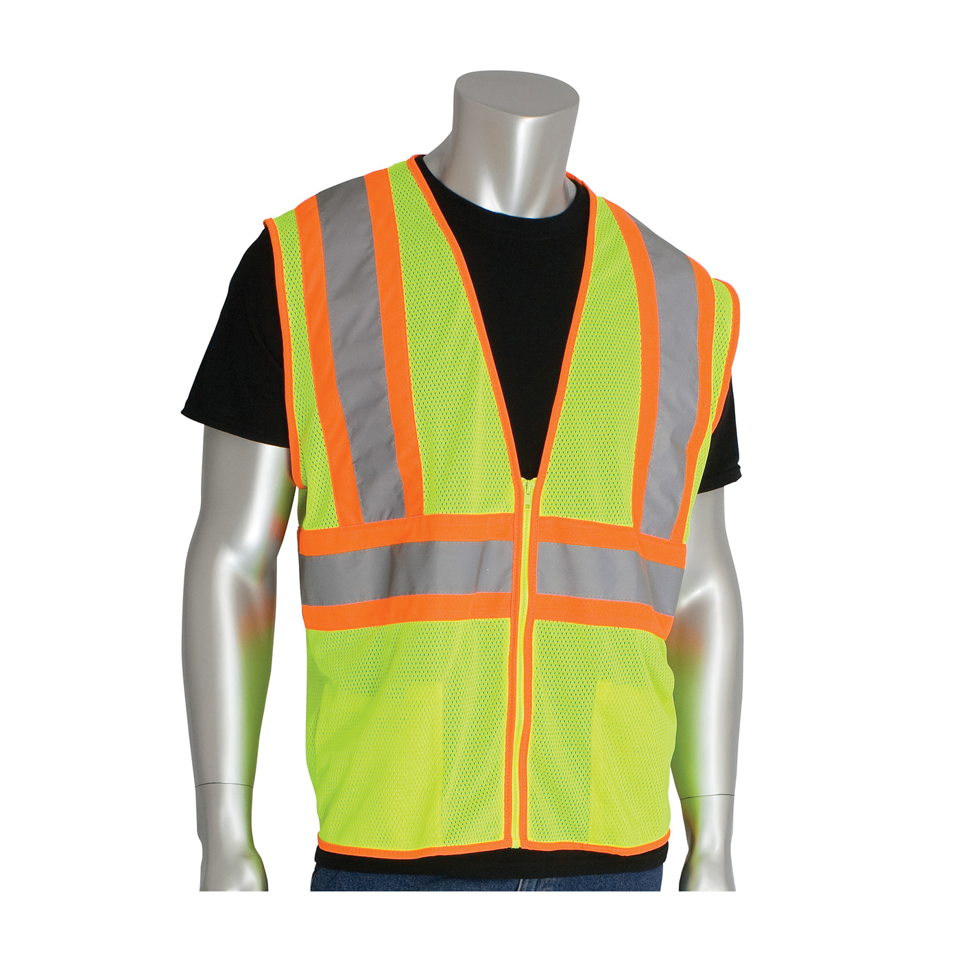 PIP® 302-MVLY-2X 2-Tone Safety Vest, 2XL, Hi-Viz Lime Yellow, Polyester Mesh, Zipper Closure, 2 Pockets, ANSI Class: Class 2, Specifications Met: ANSI 107 Type R