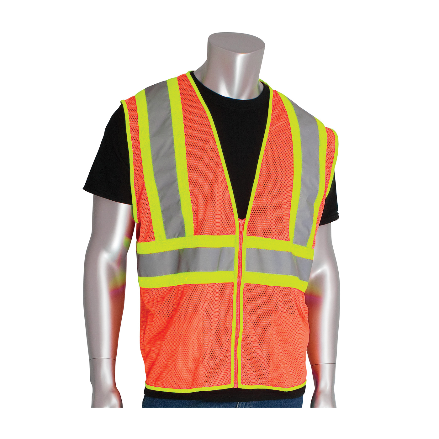 PIP® 302-MVOR-3X 2-Tone Safety Vest, 3XL, Hi-Viz Orange, Polyester Mesh, Zipper Closure, 2 Pockets, ANSI Class: Class 2, Specifications Met: ANSI 107 Type R