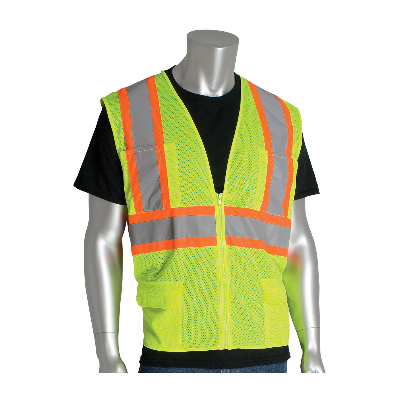 PIP® 302-MVZPLY-S 2-Tone Safety Vest, S, Hi-Viz Lime Yellow, Polyester Mesh, Zipper Closure, 6 Pockets, ANSI Class: Class 2, Specifications Met: ANSI 107 Type R