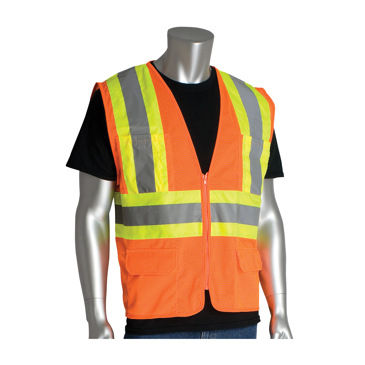 PIP® 302-MVZPOR-S 2-Tone Safety Vest, S, Hi-Viz Orange, Polyester Mesh, Zipper Closure, 6 Pockets, ANSI Class: Class 2, Specifications Met: ANSI 107 Type R
