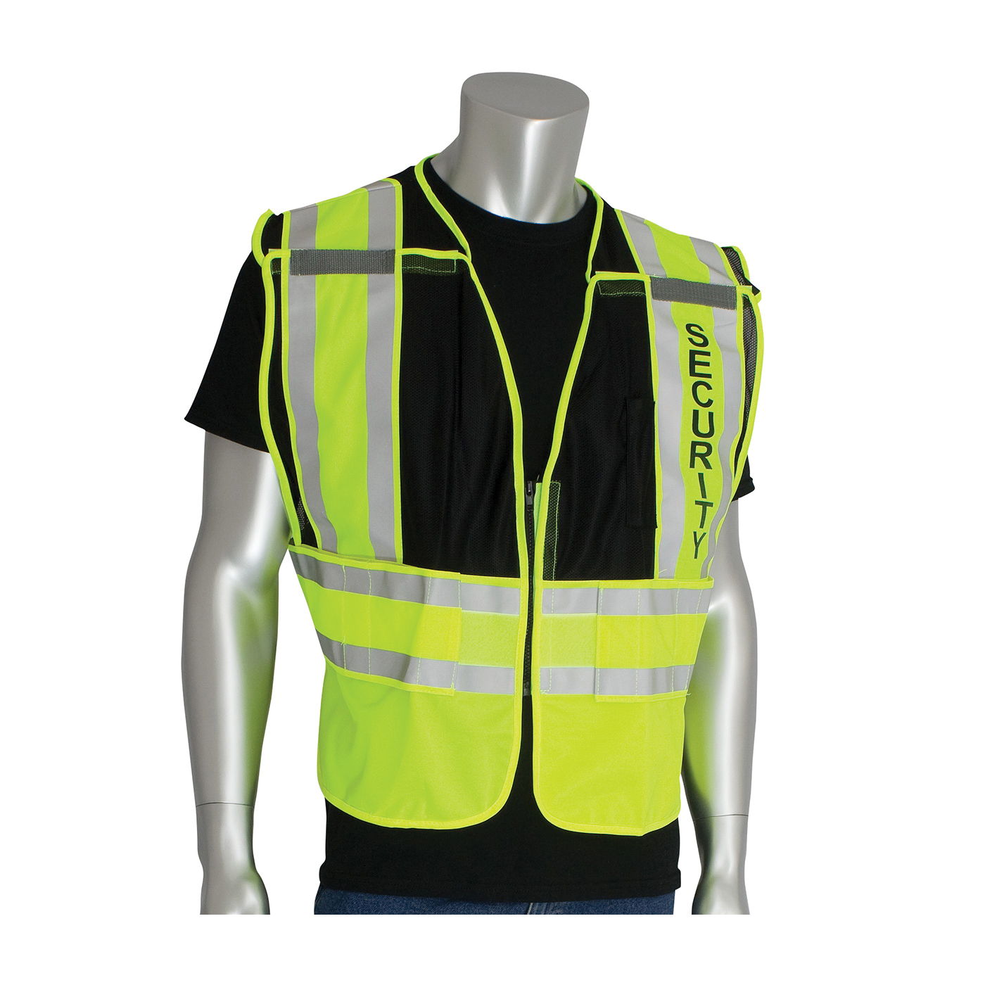 PIP® 302-PSV-BLK-2X/5X Public Safety Vest With SECURITY Logo, 2XL/5XL, Hi-Viz Lime Yellow/Black, Polyester, Zipper Closure, 2 Pockets, ANSI Class: Class 2, Specifications Met: ANSI 107 Type P