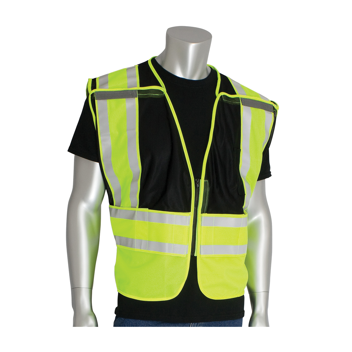 PIP® SafetyGear 302-PSV-BLK-NL-2X/5X Public Safety Vest, 2XL/5XL, Black/Hi-Viz Lime Yellow, Polyester, Front Zipper Closure, 2 Pockets, ANSI Class: Class 2, ANSI 107 Type P