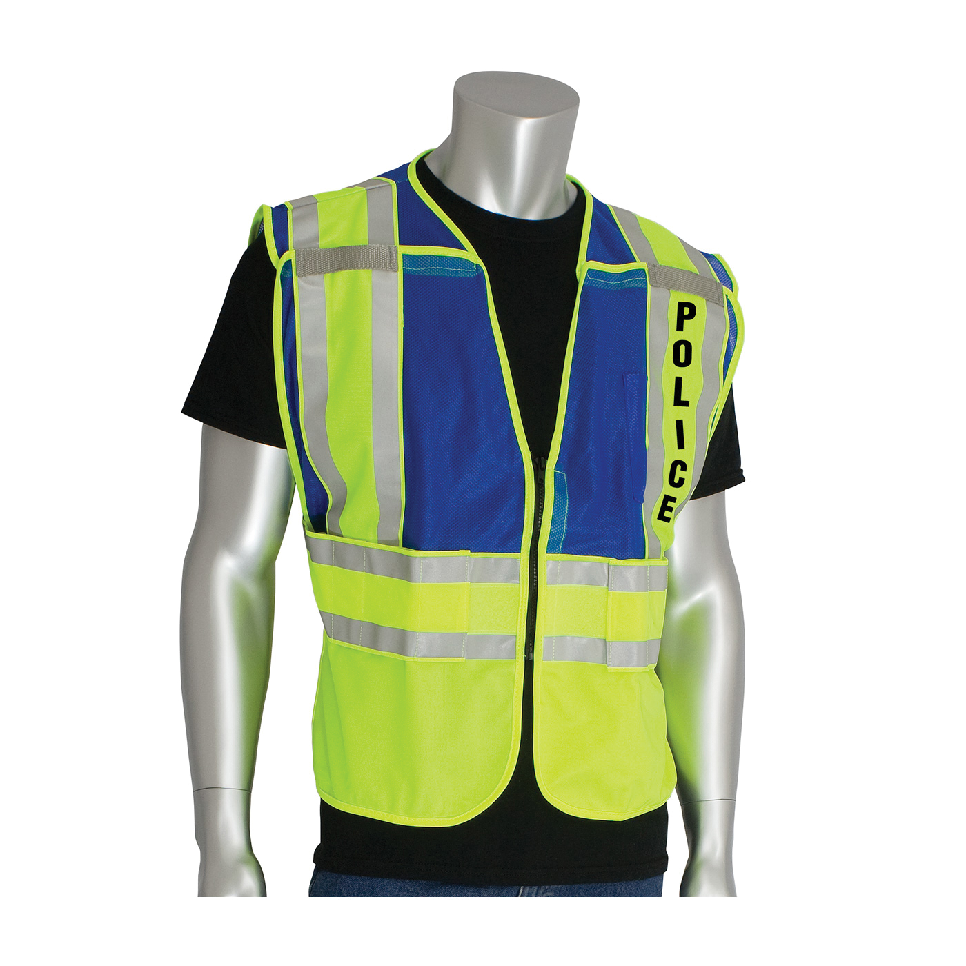 PIP® 302-PSV-BLU-M/XL Public Safety Vest With POLICE Logo, M/XL, Hi-Viz Lime Yellow/Blue, Polyester, Zipper Closure, 2 Pockets, ANSI Class: Class 2, Specifications Met: ANSI 107 Type P