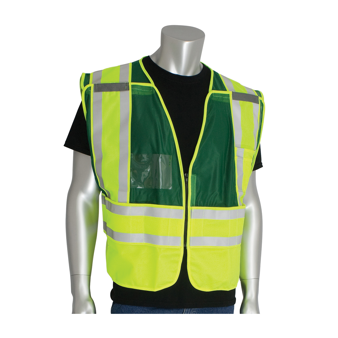 PIP® SafetyGear 302-PSV-GRN-2X/5X Public Safety Vest, 2XL/5XL, Green/Hi-Viz Lime Yellow, Polyester, Front Zipper Closure, 2 Pockets, ANSI Class: Class 2, ANSI/ISEA 207