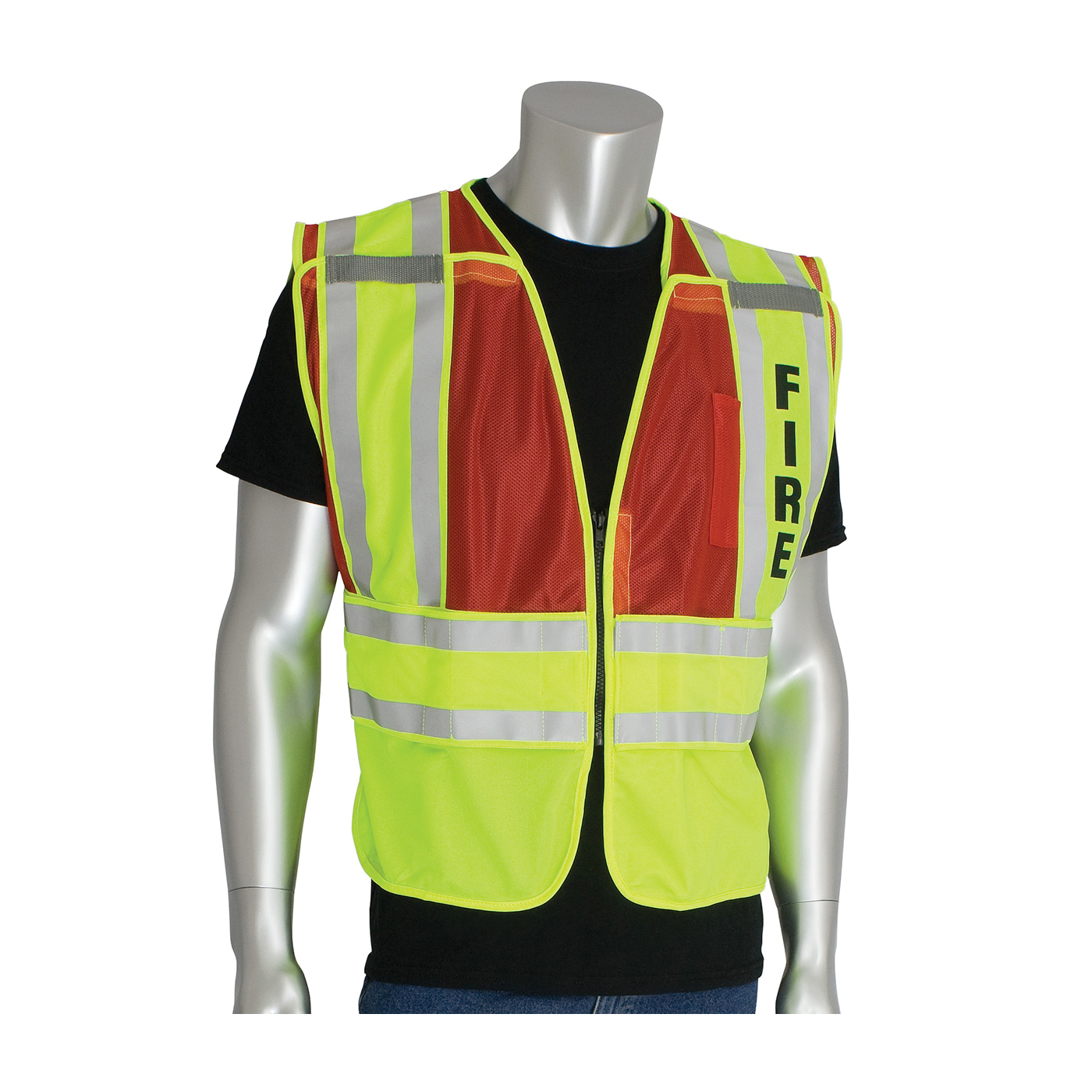 PIP® 302-PSV-RED-M/XL Public Safety Vest With FIRE Logo, M/XL, Hi-Viz Lime Yellow/Red, Polyester, Zipper Closure, 2 Pockets, ANSI Class: Class 2, Specifications Met: ANSI 107 Type P