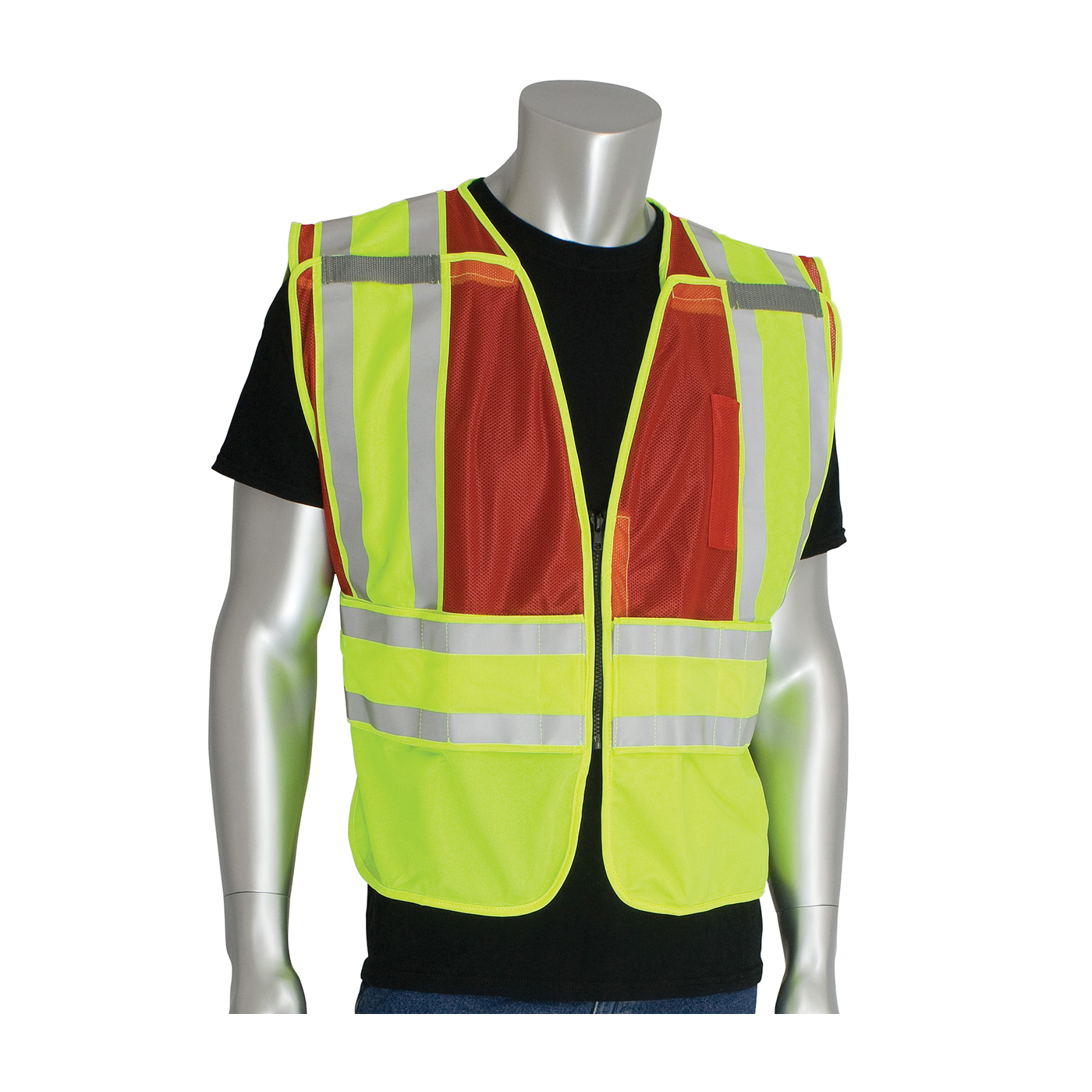 PIP® SafetyGear 302-PSV-RED-NL-2X/5X Public Safety Vest, 2XL/5XL, Red/Hi-Viz Lime Yellow, Polyester, Front Zipper Closure, 2 Pockets, ANSI Class: Class 2, ANSI 207-2011 Type P