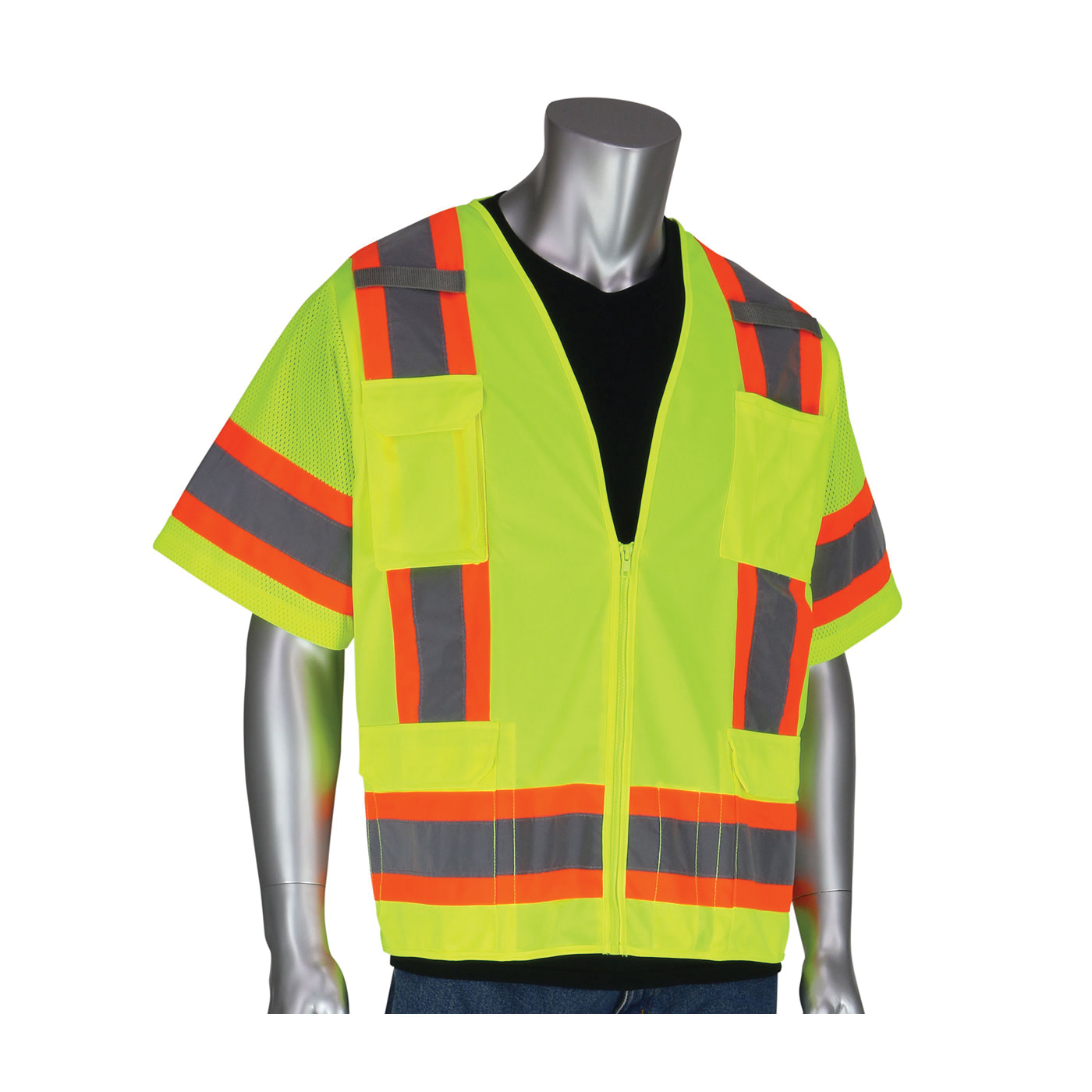 PIP® 303-0500-LY 2-Tone Surveyor Safety Vest, Hi-Viz Lime Yellow, Polyester Mesh/Solid Tricot, Zipper Closure, 11 Pockets, ANSI Class: Class 3, Specifications Met: ANSI 107 Type R