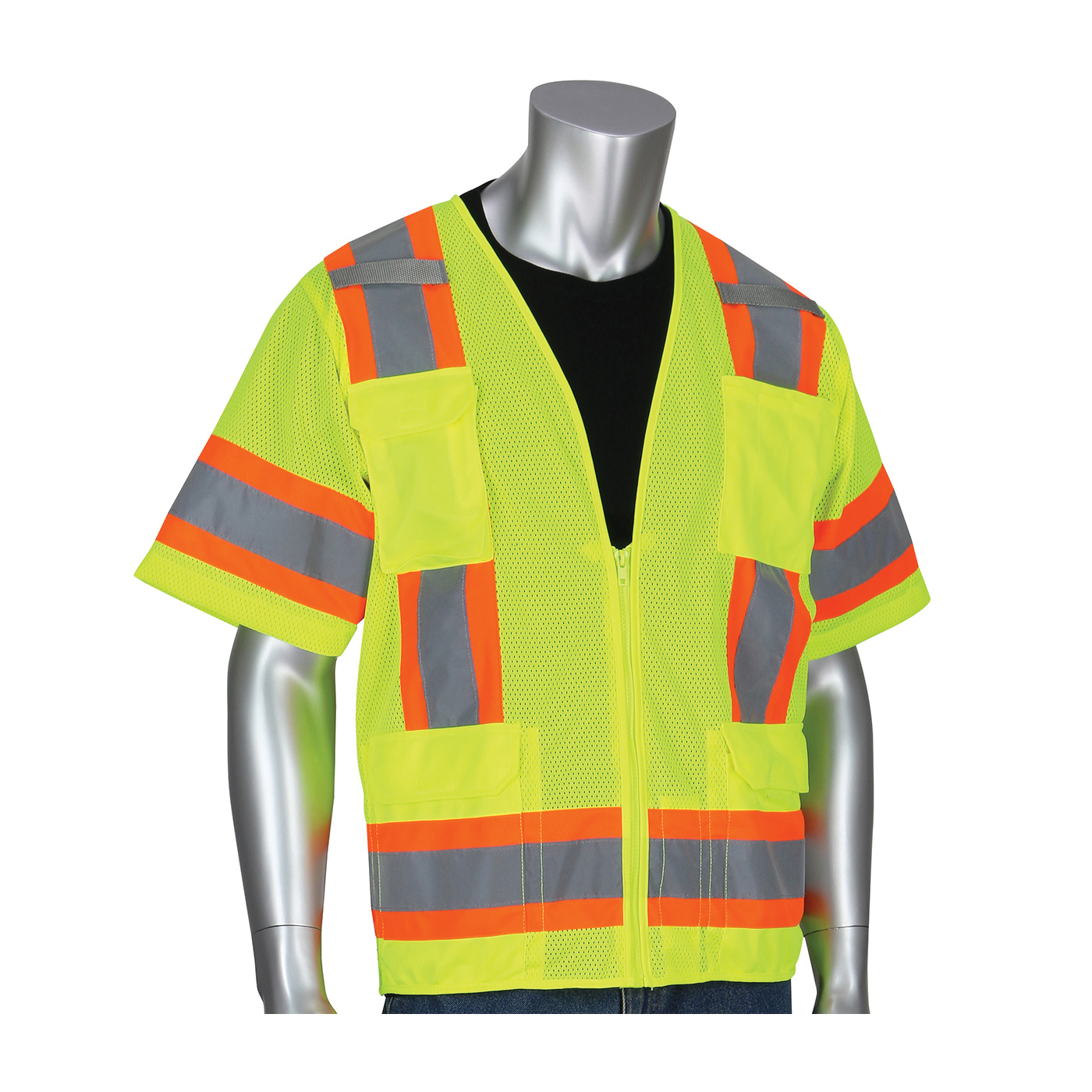 PIP® 303-0500M-LY 2-Tone Surveyor Safety Vest, Hi-Viz Lime Yellow, Polyester Mesh, Zipper Closure, 11 Pockets, ANSI Class: Class 3, Specifications Met: ANSI 107 Type R