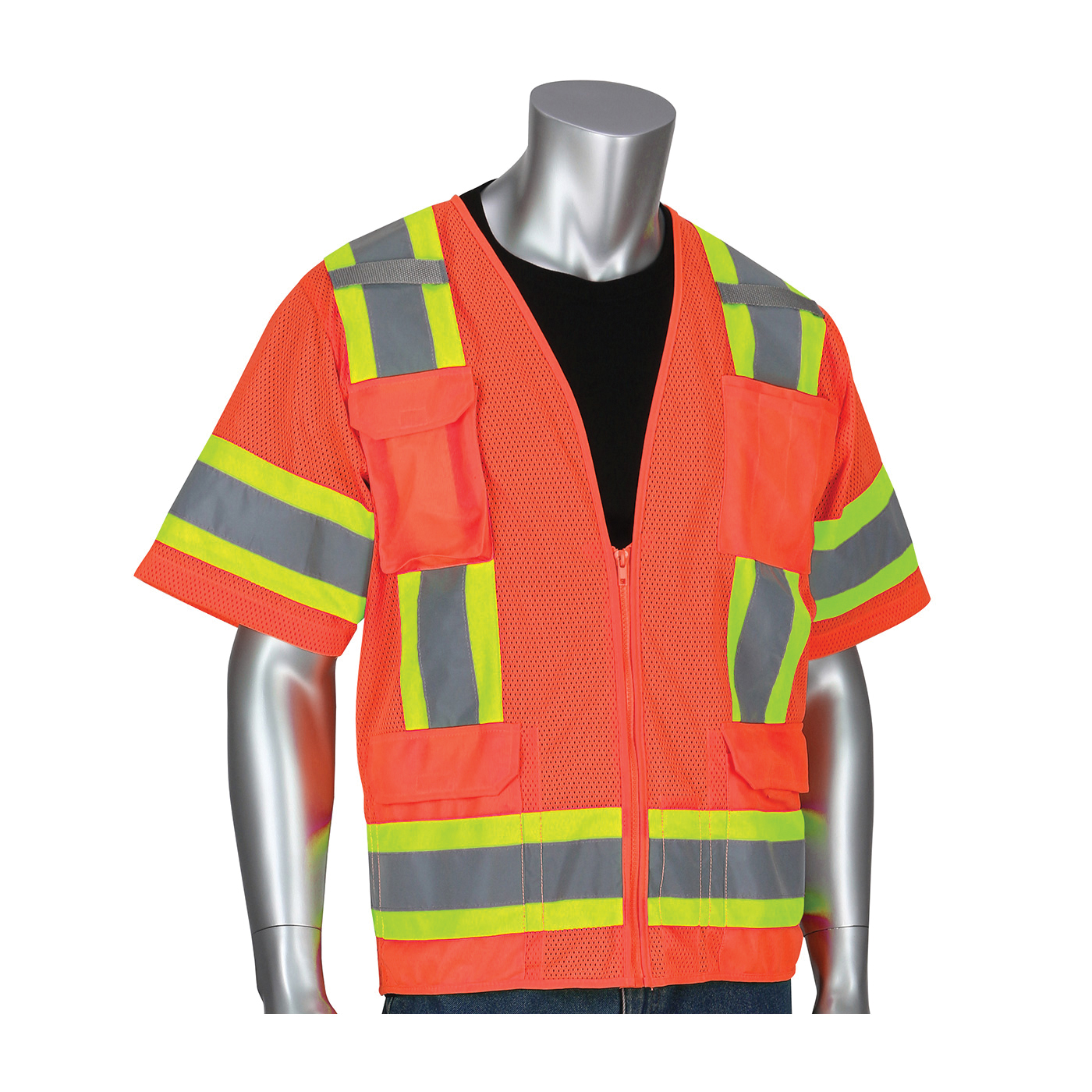 PIP® 303-0500M-OR  2-Tone Surveyor Safety Vest, 2XL, Hi-Viz Orange, Polyester Mesh, Zipper Closure, 11 Pockets, ANSI Class: Class 3, Specifications Met: ANSI 107 Type R